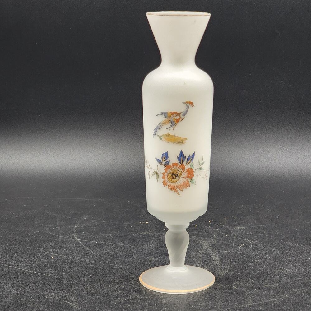 Norleans Frosted Satin Art Glass Vase Hand Painted Bird Bristol Gold Trim 10"